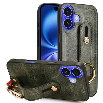 For iPhone 16 Plus Case Wristband Kickstand Leather+PC+TPU Phone Cover with Bottle Opener - Green