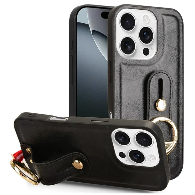 For iPhone 16 Pro Max Case Wristband Kickstand Leather+PC+TPU Phone Cover with Bottle Opener - Black