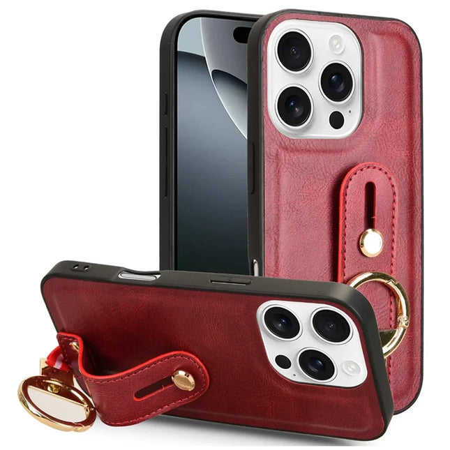 For iPhone 16 Pro Max Case Wristband Kickstand Leather+PC+TPU Phone Cover with Bottle Opener - Red