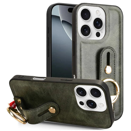 For iPhone 16 Pro Max Case Wristband Kickstand Leather+PC+TPU Phone Cover with Bottle Opener - Green