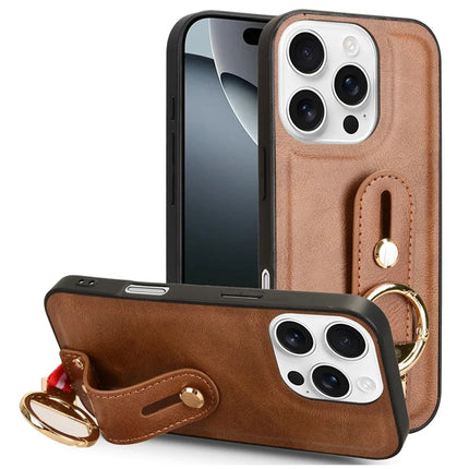 For iPhone 16 Pro Max Case Wristband Kickstand Leather+PC+TPU Phone Cover with Bottle Opener - Brown