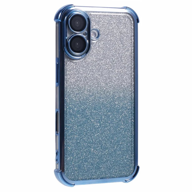 For iPhone 16 Plus Case Electroplating Clear TPU Phone Cover with Lens Film and Glitter Card - Blue