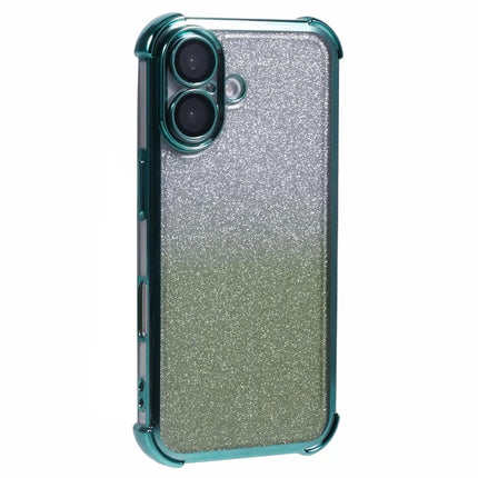 For iPhone 16 Plus Case Electroplating Clear TPU Phone Cover with Lens Film and Glitter Card - Green