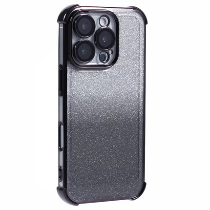 For iPhone 16 Pro Max Case Electroplating Clear TPU Phone Cover with Lens Film and Glitter Card - Black