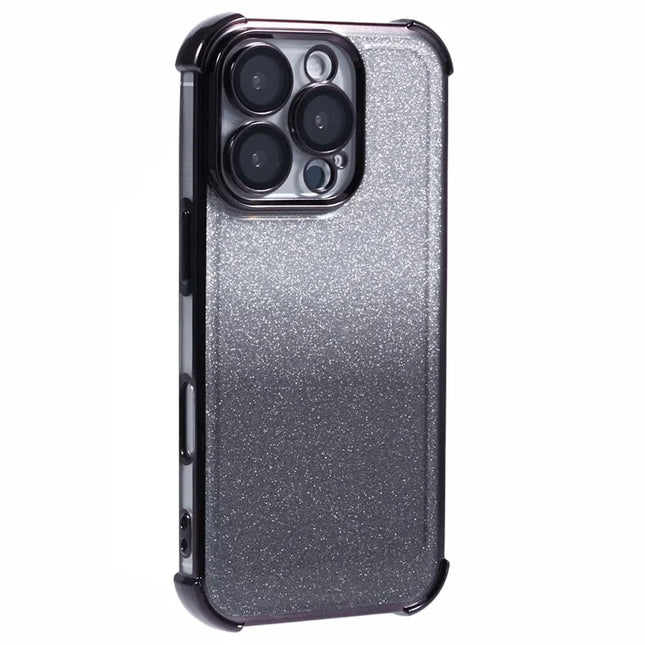For iPhone 16 Pro Max Case Electroplating Clear TPU Phone Cover with Lens Film and Glitter Card - Black