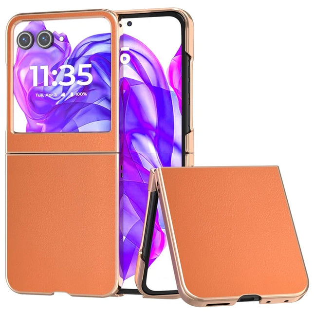 For Motorola Razr 50 5G Case Electroplating Edge PU Leather Coated PC Phone Cover - Orange