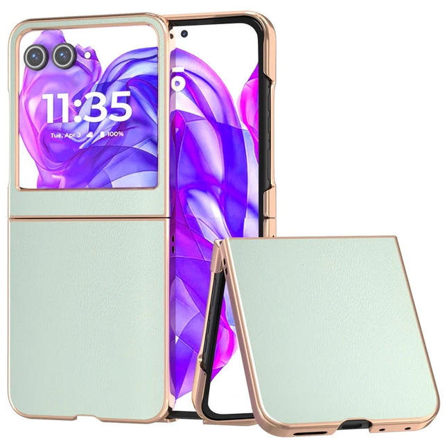 For Motorola Razr 50 5G Case Electroplating Edge PU Leather Coated PC Phone Cover - Light Green