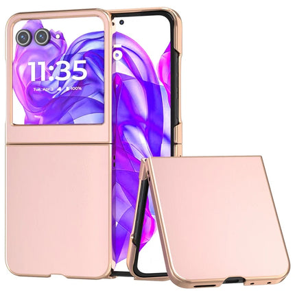 For Motorola Razr 50 5G Case Electroplating Edge PU Leather Coated PC Phone Cover - Light Pink