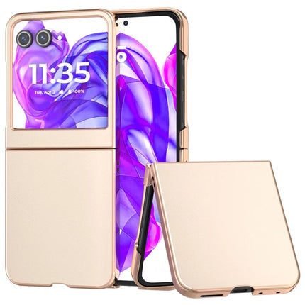 For Motorola Razr 50 5G Case Electroplating Edge PU Leather Coated PC Phone Cover - Light Yellow