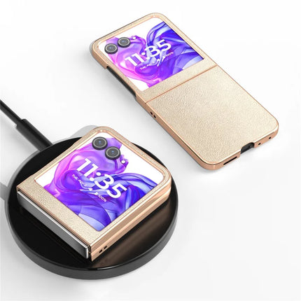 For Motorola Razr 50 5G Case Electroplating Edge PU Leather Coated PC Phone Cover