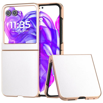 For Motorola Razr 50 5G Case Electroplating Edge PU Leather Coated PC Phone Cover - White