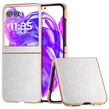For Motorola Razr 50 5G Case Electroplating Edge PU Leather Coated PC Phone Cover - Silver