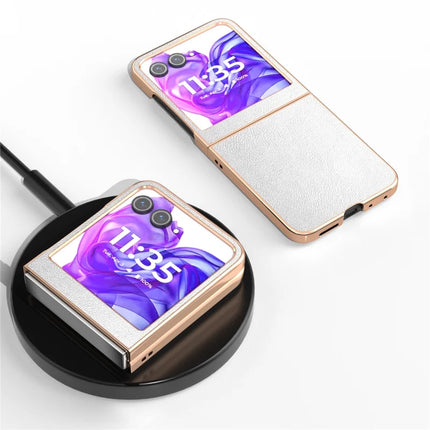 For Motorola Razr 50 5G Case Electroplating Edge PU Leather Coated PC Phone Cover