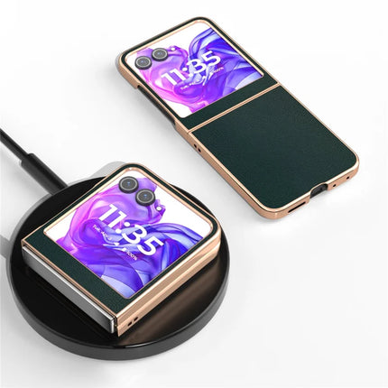 For Motorola Razr 50 5G Case Electroplating Edge PU Leather Coated PC Phone Cover