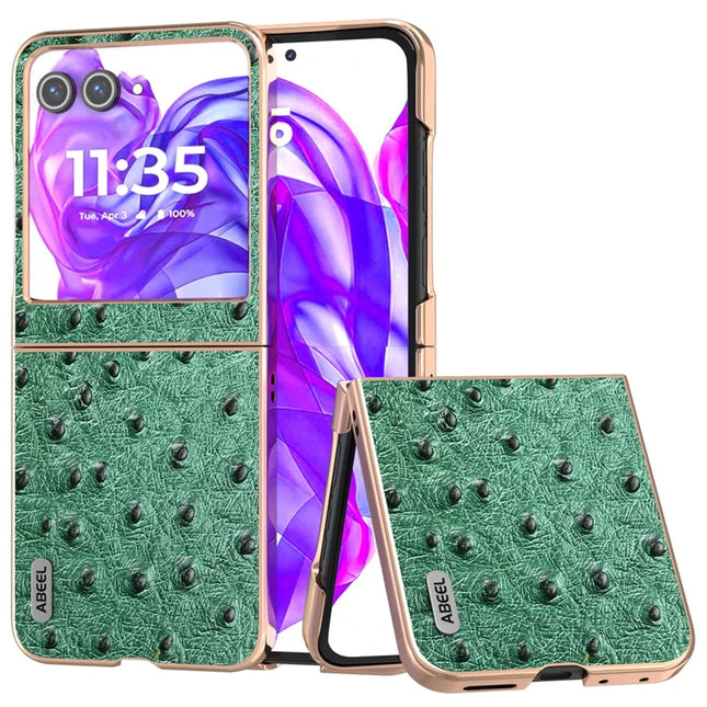 ABEEL For Motorola Razr 50 5G Case Electroplating Edge Ostrich Texture Genuine Cow Leather Back Cover - Green