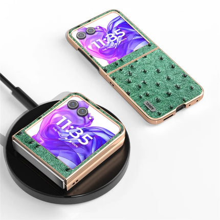 ABEEL For Motorola Razr 50 5G Case Electroplating Edge Ostrich Texture Genuine Cow Leather Back Cover