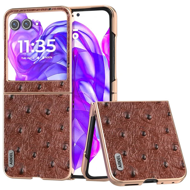 ABEEL For Motorola Razr 50 5G Case Electroplating Edge Ostrich Texture Genuine Cow Leather Back Cover - Coffee