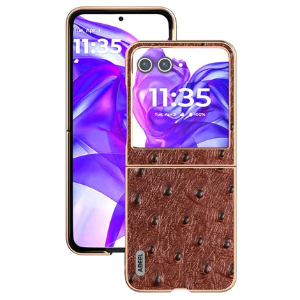 ABEEL For Motorola Razr 50 5G Case Electroplating Edge Ostrich Texture Genuine Cow Leather Back Cover