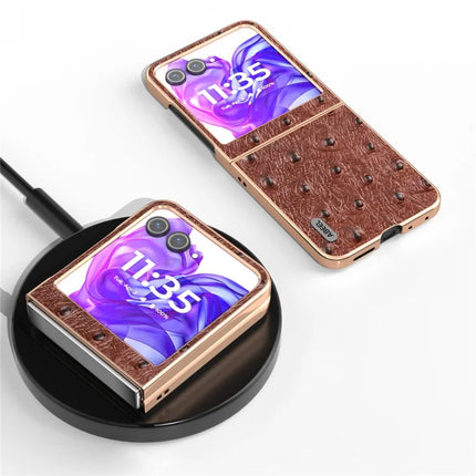 ABEEL For Motorola Razr 50 5G Case Electroplating Edge Ostrich Texture Genuine Cow Leather Back Cover