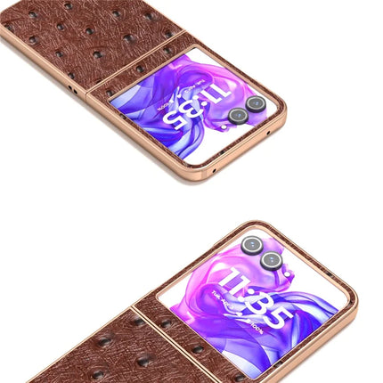 ABEEL For Motorola Razr 50 5G Case Electroplating Edge Ostrich Texture Genuine Cow Leather Back Cover