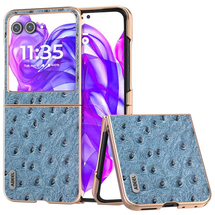 ABEEL For Motorola Razr 50 5G Case Electroplating Edge Ostrich Texture Genuine Cow Leather Back Cover - Blue