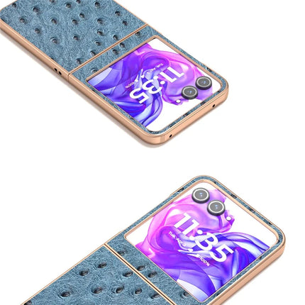 ABEEL For Motorola Razr 50 5G Case Electroplating Edge Ostrich Texture Genuine Cow Leather Back Cover