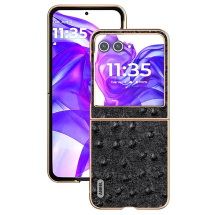 ABEEL For Motorola Razr 50 5G Case Electroplating Edge Ostrich Texture Genuine Cow Leather Back Cover