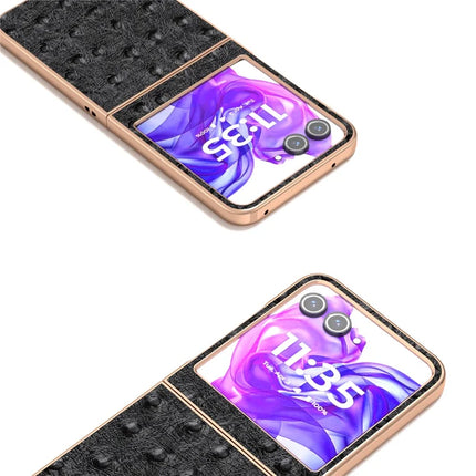 ABEEL For Motorola Razr 50 5G Case Electroplating Edge Ostrich Texture Genuine Cow Leather Back Cover