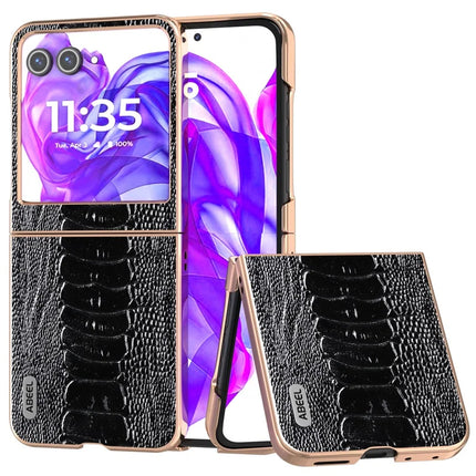 ABEEL For Motorola Razr 50 5G Case Electroplating Edge Crocodile Texture Genuine Cow Leather+PC Phone Cover - Black
