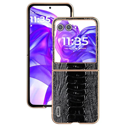 ABEEL For Motorola Razr 50 5G Case Electroplating Edge Crocodile Texture Genuine Cow Leather+PC Phone Cover