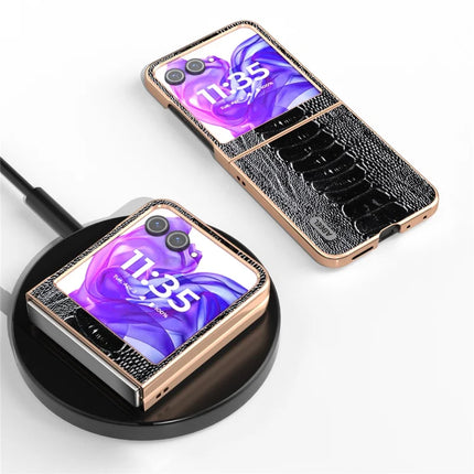 ABEEL For Motorola Razr 50 5G Case Electroplating Edge Crocodile Texture Genuine Cow Leather+PC Phone Cover