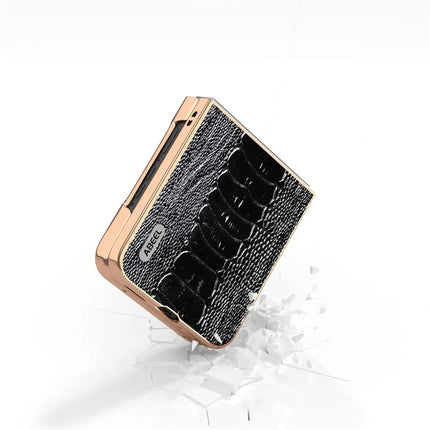 ABEEL For Motorola Razr 50 5G Case Electroplating Edge Crocodile Texture Genuine Cow Leather+PC Phone Cover
