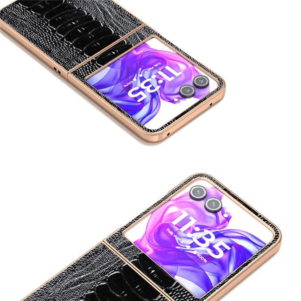 ABEEL For Motorola Razr 50 5G Case Electroplating Edge Crocodile Texture Genuine Cow Leather+PC Phone Cover
