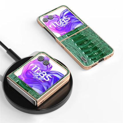 ABEEL For Motorola Razr 50 5G Case Electroplating Edge Crocodile Texture Genuine Cow Leather+PC Phone Cover