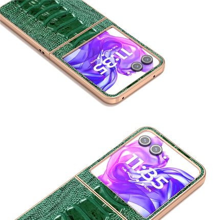 ABEEL For Motorola Razr 50 5G Case Electroplating Edge Crocodile Texture Genuine Cow Leather+PC Phone Cover