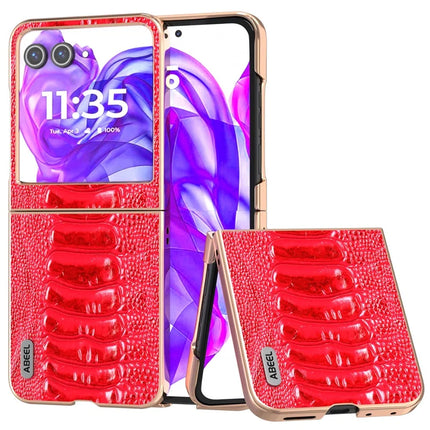 ABEEL For Motorola Razr 50 5G Case Electroplating Edge Crocodile Texture Genuine Cow Leather+PC Phone Cover - Red
