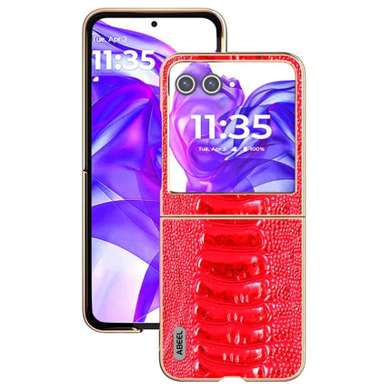ABEEL For Motorola Razr 50 5G Case Electroplating Edge Crocodile Texture Genuine Cow Leather+PC Phone Cover