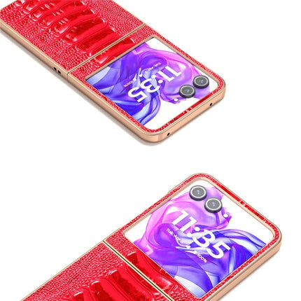 ABEEL For Motorola Razr 50 5G Case Electroplating Edge Crocodile Texture Genuine Cow Leather+PC Phone Cover
