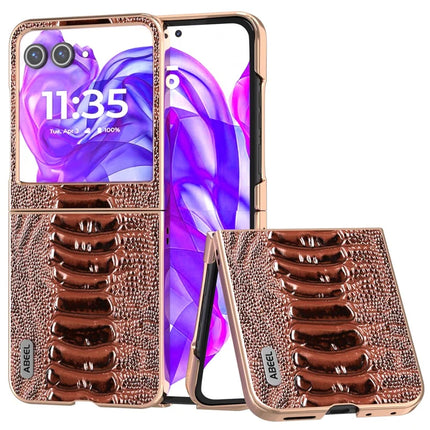 ABEEL For Motorola Razr 50 5G Case Electroplating Edge Crocodile Texture Genuine Cow Leather+PC Phone Cover - Coffee