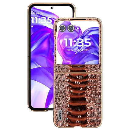 ABEEL For Motorola Razr 50 5G Case Electroplating Edge Crocodile Texture Genuine Cow Leather+PC Phone Cover
