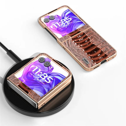 ABEEL For Motorola Razr 50 5G Case Electroplating Edge Crocodile Texture Genuine Cow Leather+PC Phone Cover