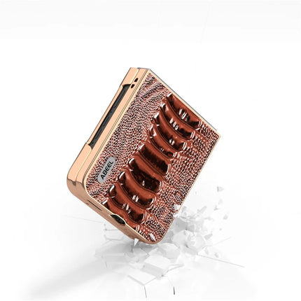 ABEEL For Motorola Razr 50 5G Case Electroplating Edge Crocodile Texture Genuine Cow Leather+PC Phone Cover