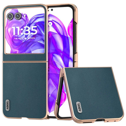 ABEEL For Motorola Razr 50 5G Case Electroplating Edge Genuine Cow Leather+PC Phone Cover - Green