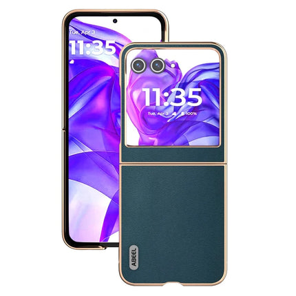ABEEL For Motorola Razr 50 5G Case Electroplating Edge Genuine Cow Leather+PC Phone Cover