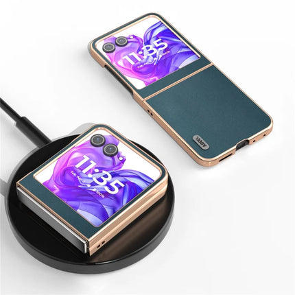 ABEEL For Motorola Razr 50 5G Case Electroplating Edge Genuine Cow Leather+PC Phone Cover