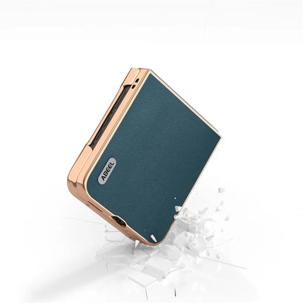 ABEEL For Motorola Razr 50 5G Case Electroplating Edge Genuine Cow Leather+PC Phone Cover