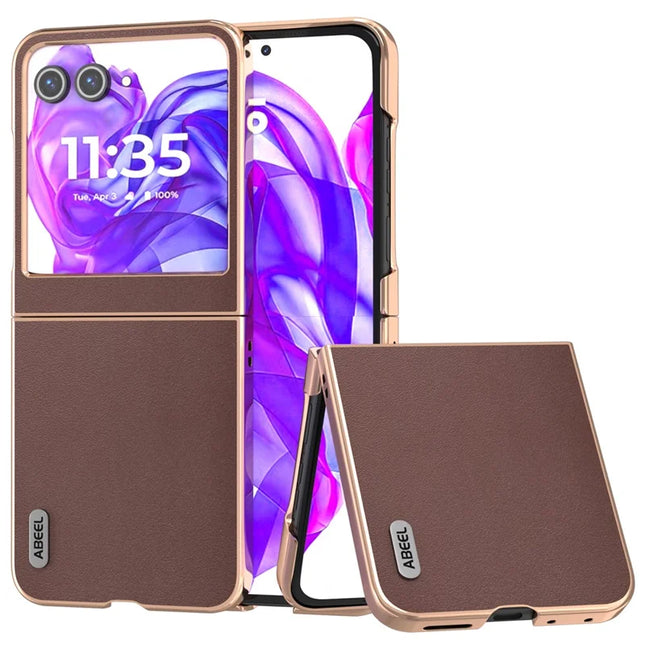 ABEEL For Motorola Razr 50 5G Case Electroplating Edge Genuine Cow Leather+PC Phone Cover - Coffee