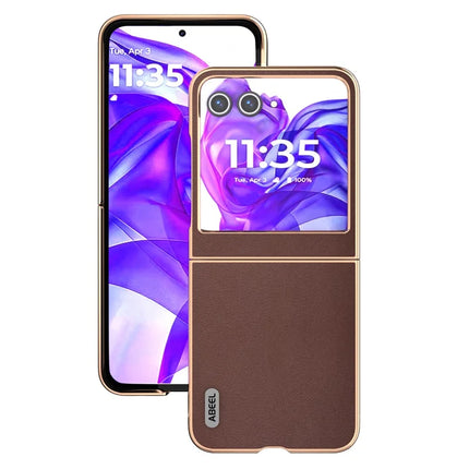 ABEEL For Motorola Razr 50 5G Case Electroplating Edge Genuine Cow Leather+PC Phone Cover