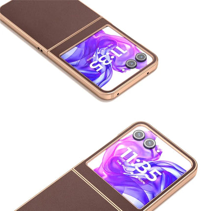ABEEL For Motorola Razr 50 5G Case Electroplating Edge Genuine Cow Leather+PC Phone Cover