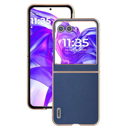 ABEEL For Motorola Razr 50 5G Case Electroplating Edge Genuine Cow Leather+PC Phone Cover